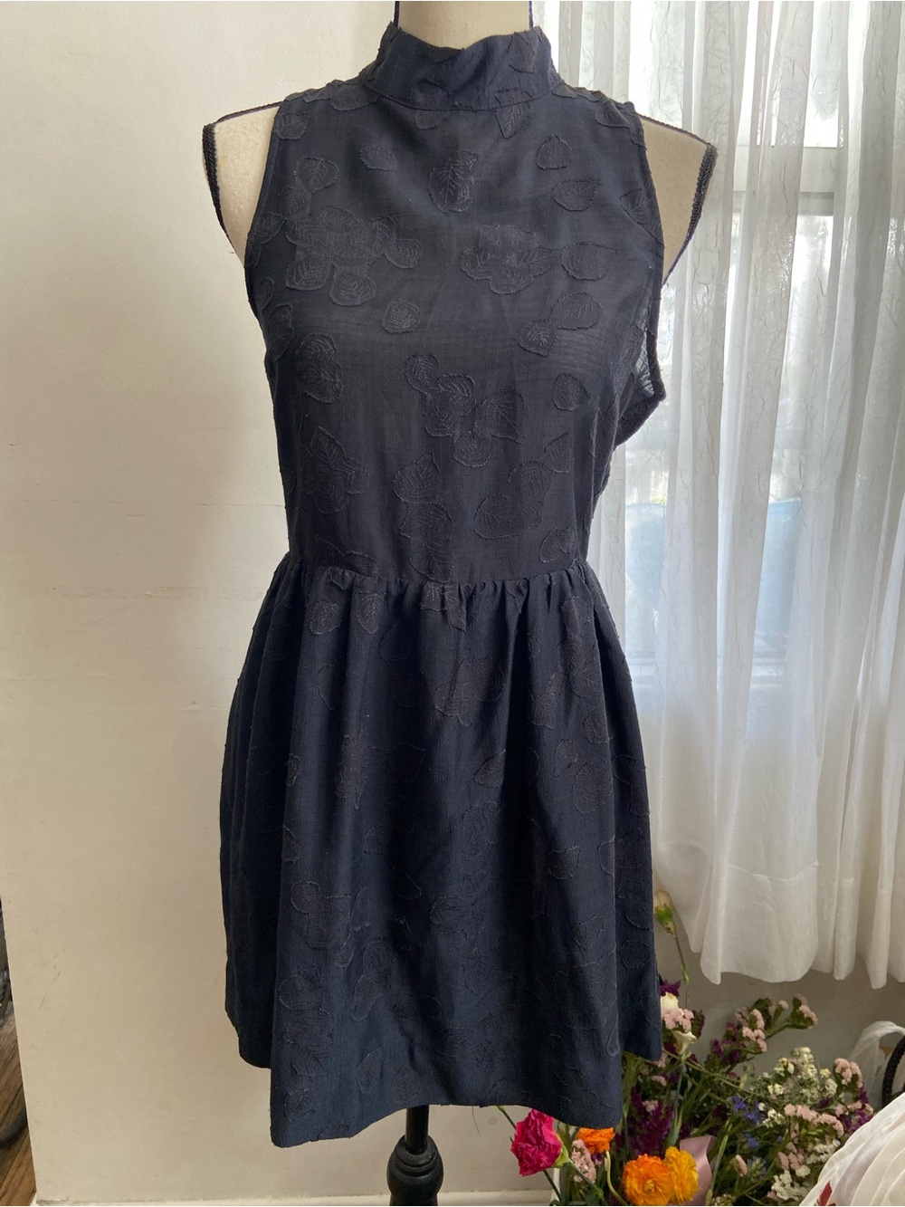 Textured Black Mock-Neck Mini Dress